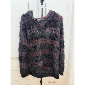 Rock & Republic Fuzzy Lace Up Hooded Sweater Black Red Women’s M